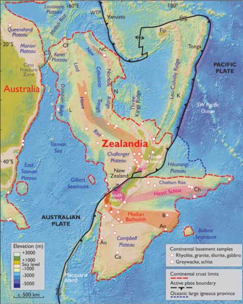 Le continent Zealandia mesure environ 5 000 km de long sur 1 000 km de large.