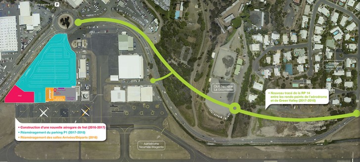 La mise en conformité de la piste de Magenta nécessite la déviation de la RP14 (tracé en vert) entre le rond-point de l’aérodrome et celui du lotissement Green Valley. 