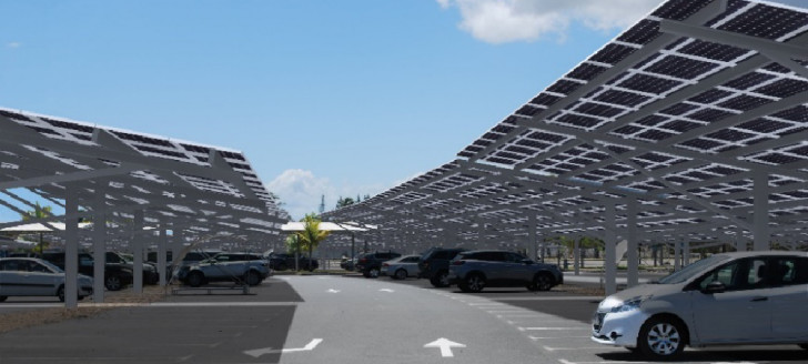 L’ombrière de panneaux photovoltaïques installée à l’aéroport international de La Tontouta couvrira 517 places de stationnement, soit 91 % de la capacité du parking.